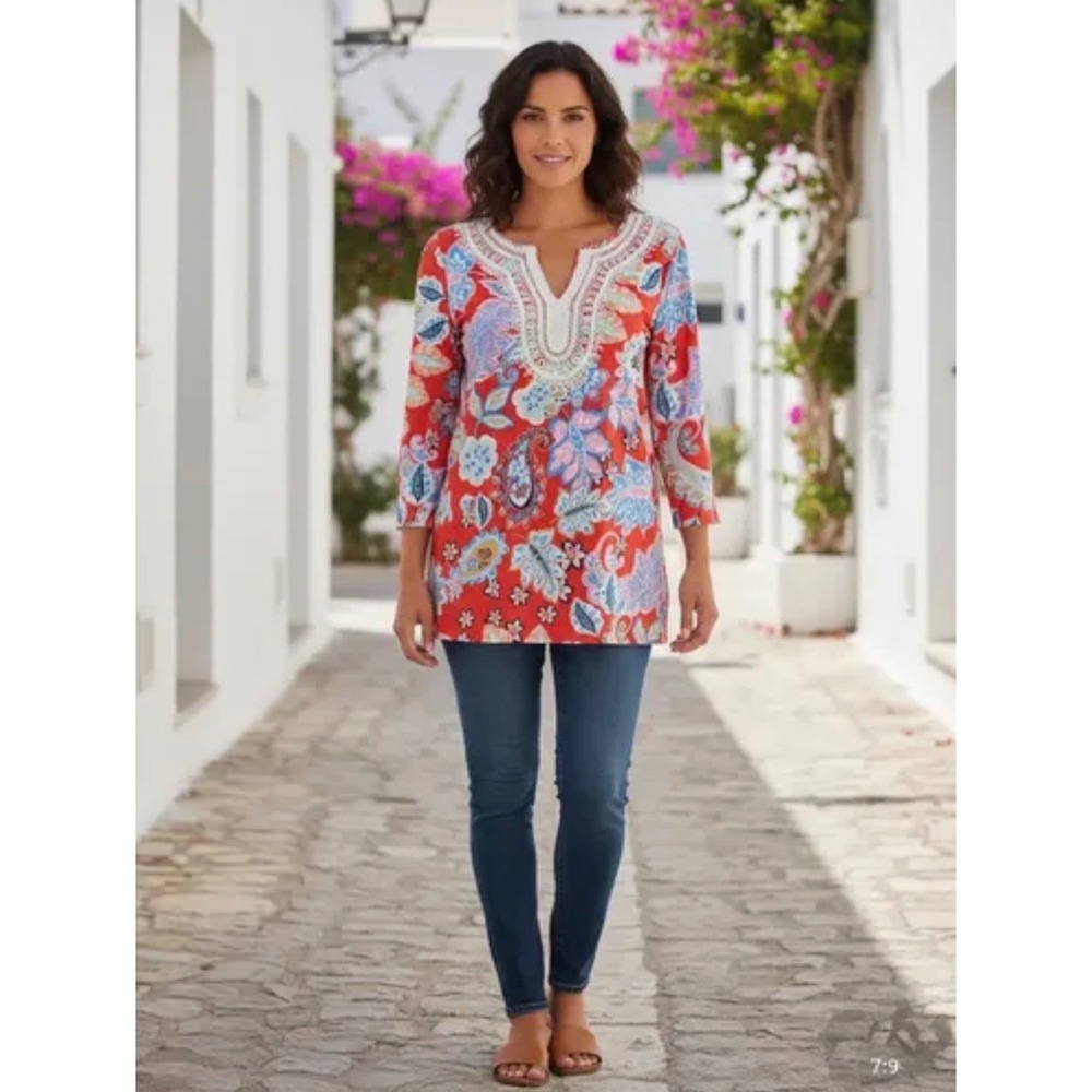 Talbots Petite Red Paisley Crochet Lace Trim Pima Cotton Modal Tunic Top